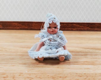 Dollhouse Baby Doll Porcelain Moveable 1:12 Scale Miniature Blue Lace Outfit