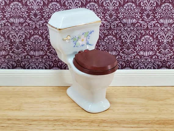 Dollhouse Toilet Ceramic White With Floral Design 1:12 Scale