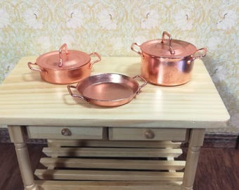 Dollhouse Copper Pots & Pans Stock Soup Saute Removable Lids 1:12 Scale