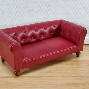 Dollhouse Sofa Couch Chesterfield Burgundy Faux Leather 1:12 Scale Miniature Furniture
