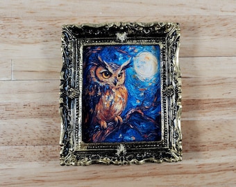 Miniature Great Horned Owl Framed Print 1:12 Scale Dollhouse Decor Bird Moon