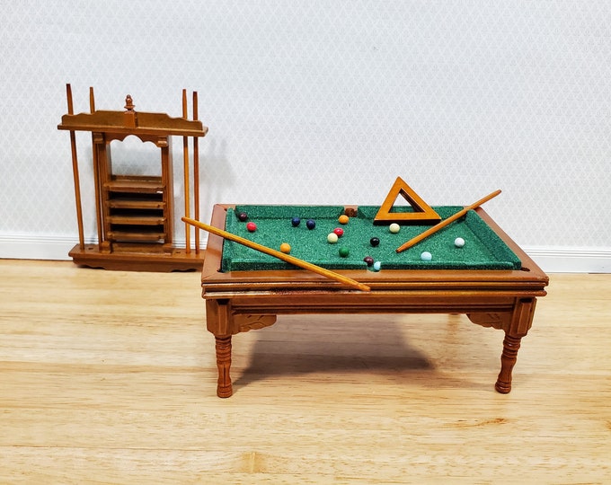 Dollhouse Pool Table Large With Cue Rack 112 Scale Miniature Walnut