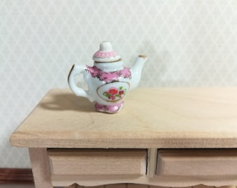 Dollhouse Miniature Ceramic Fancy Pink & White Teapot Removable Lid 1:12 Scale