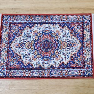 Dollhouse Rug with Fringe Red White Blue 6&quot; x 4&quot; Woven Fabric 1:12 Scale Miniature