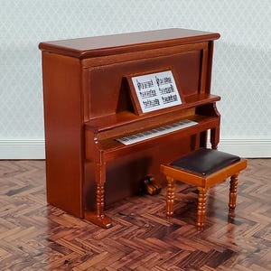 Miniature Upright Piano with Bench Seat Wood Instrument 1:12 Scale Dollhouse Walnut Finish