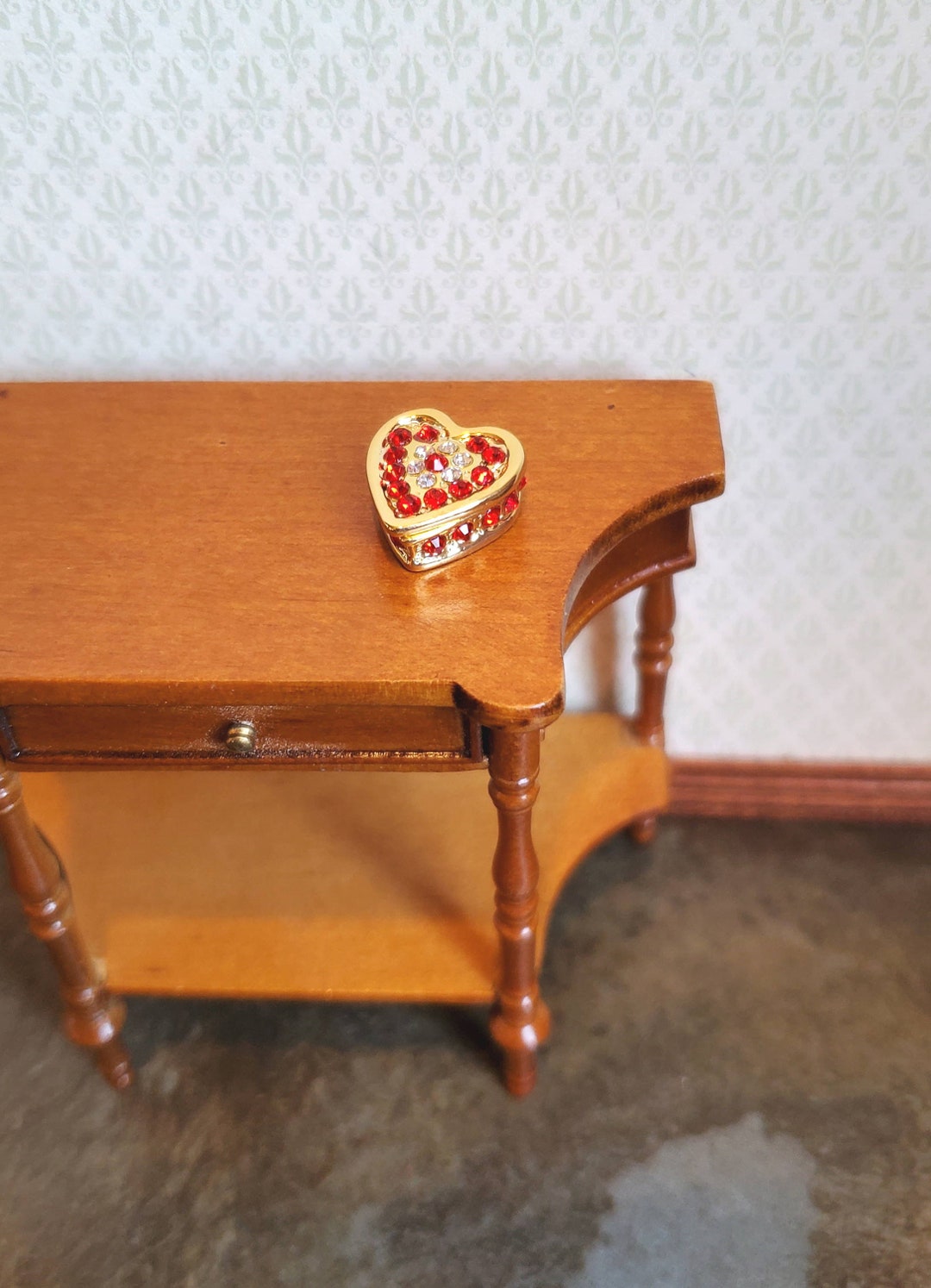 Dollhouse Miniature Jewelry Box With Jewels Heart Shape Opening Lid 1