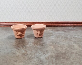Dollhouse Miniature Clay Pots with Faces Garden Planters Set of 2 1:12 Scale