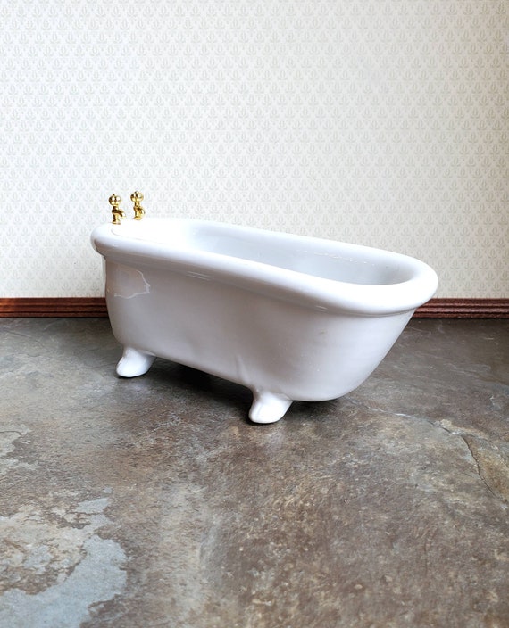 Dollhouse Miniature Bathtub Gold Faucets White Ceramic 1:12 Scale Bathroom  Tub 