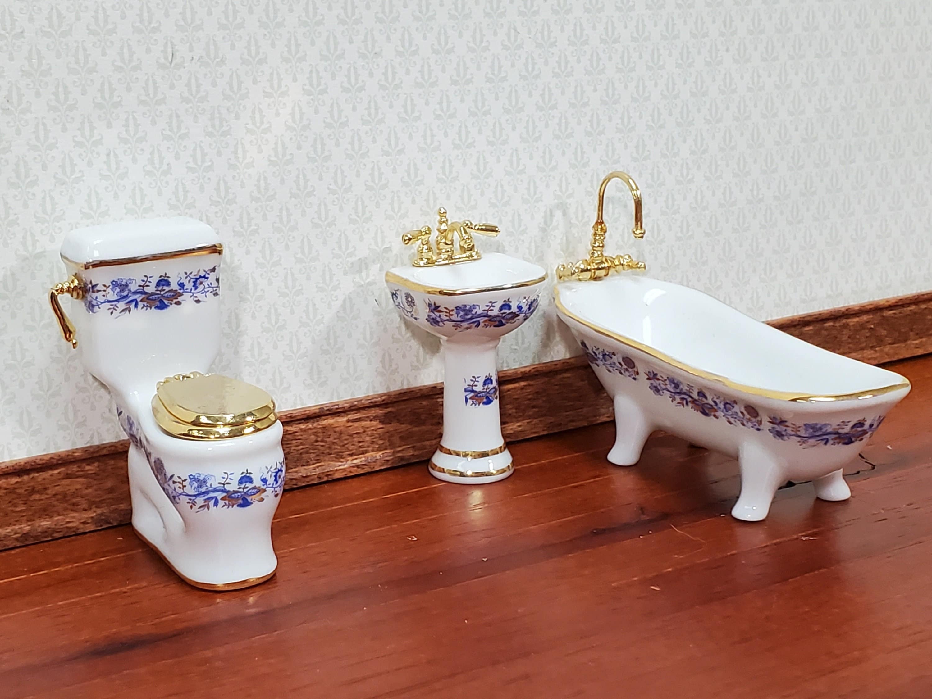 Dollhouse White Porcelain Bathroom Suite Blue Trim Miniature Furniture Set