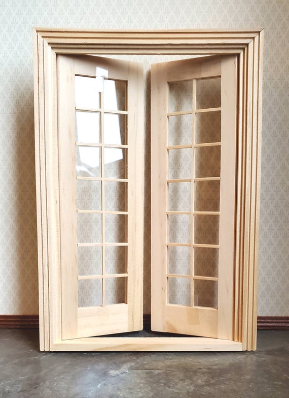 1:12 Dolls House Miniature White wood Double French Doors & Frame DIY Decor 