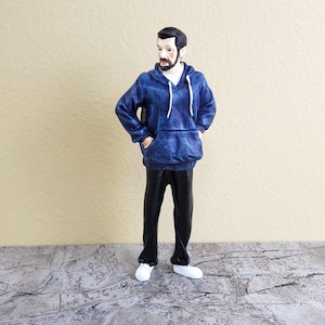 Dollhouse Miniature Man Modern Father Dad Standing Beard Blue Hoodie 1:12 Scale