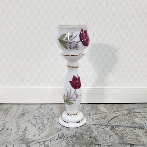 Dollhouse Pedestal with Vase Jardiniere 1:12 Scale Miniature Ceramic White Pink Floral