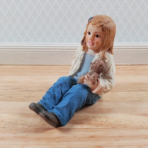 Modern Dollhouse Doll Girl with Teddy Bear Daughter Resin Laying Down 1:12 Scale