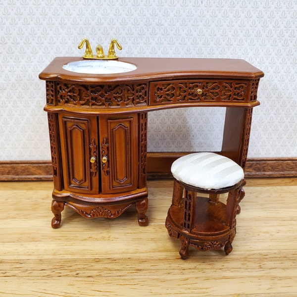 Dollhouse Bathroom Vanity Sink with Stool Walnut Finish 1:12 Scale Miniature Furniture