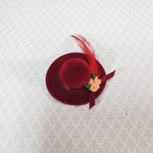 Dollhouse Red Velvet Hat with Feather & Flowers Wearable 1:12 Scale Miniature