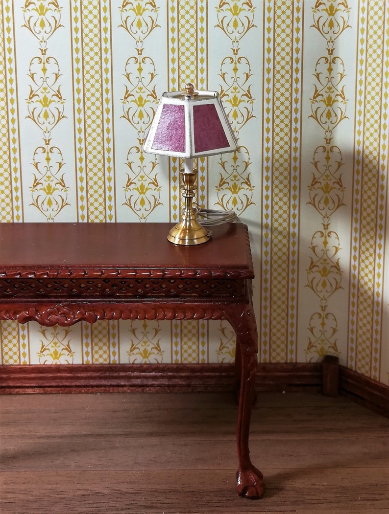 Dollhouse Miniature Table Lamp Brass 12 Volt Mauve Shade 1 Scale Replaceable Bulb