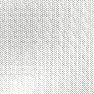 May include: A repeating pattern of small, rectangular tiles arranged in a herringbone design. The tiles are a light, off-white color with dark gray grout lines, creating a textured, geometric surface. This pattern is often used for flooring or wall coverings.