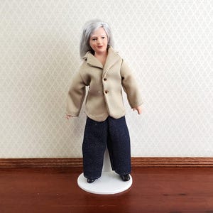 Dollhouse Miniature Grandma Porcelain Doll Modern Style with Jeans 1:12 Scale