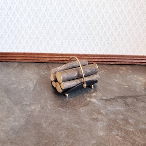 Dollhouse Miniature Fireplace Log Rack Holder with Logs Black Gold Metal 1:12 Scale