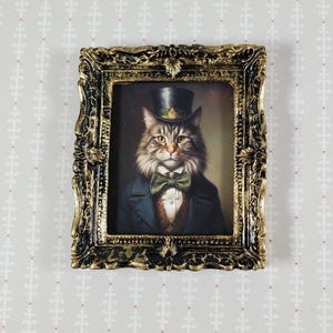 Miniature Victorian Cat Male Framed Print Gray White Fur 1:12 Scale Picture