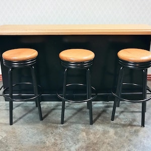 Dollhouse Miniature Bar Counter 3 Stools Black Metal & Oak Wood 1:12 Scale Large