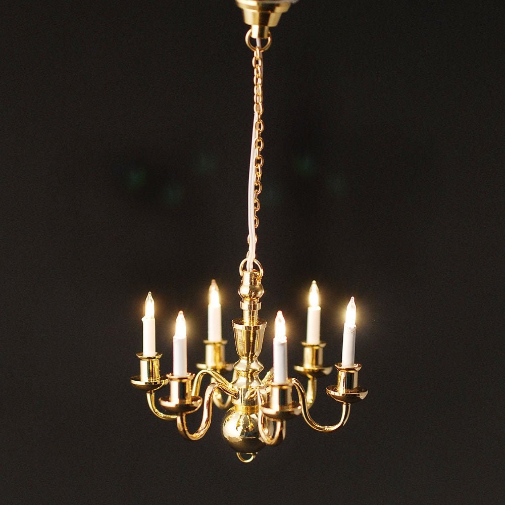 1/12 Dolls House Light Six Arm Deluxe Brass Candle Chandelier Miniature Lamp LGW 