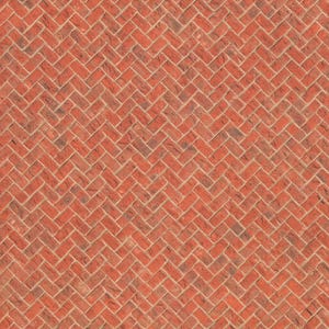 Peut inclure: Gros plan sur un mur de briques avec un motif en chevrons. Les briques sont principalement rouge-orangé avec des variations de couleur, et le mortier est beige clair. Le motif crée un design texturé et répétitif.
