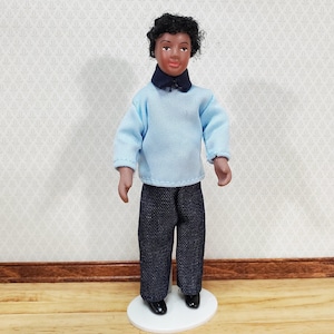 Dollhouse Modern Man Black Brown Doll Dad Father Male Porcelain Poseable 1:12 Scale Miniature