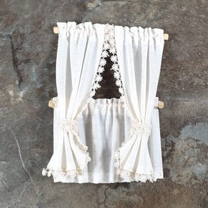 Dollhouse Cafe Curtains Ecru with Lace & Curtain Rod 1:12 Scale Miniature