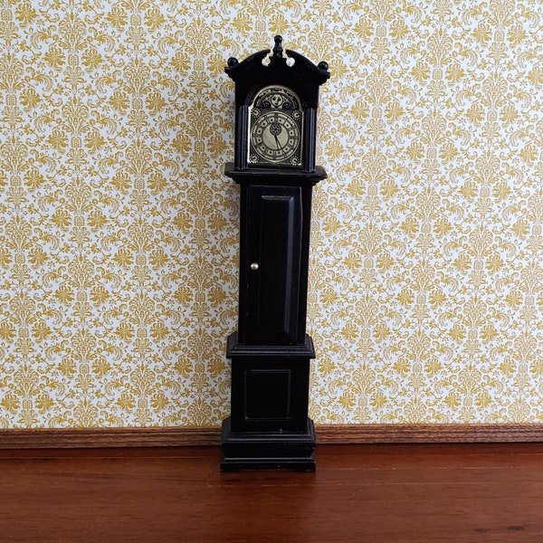 Dollhouse Miniature Grandfather Clock Opens Black Wood 1:12 Scale Furniture