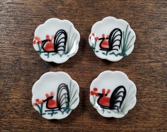 Dollhouse Scalloped Ceramic Rooster Plate 1:12 Scale Miniature 1" x4 pcs
