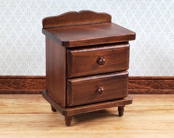 Dollhouse Nightstand Side Table 2 Drawers Walnut Finish 1:12 Scale Miniature Furniture