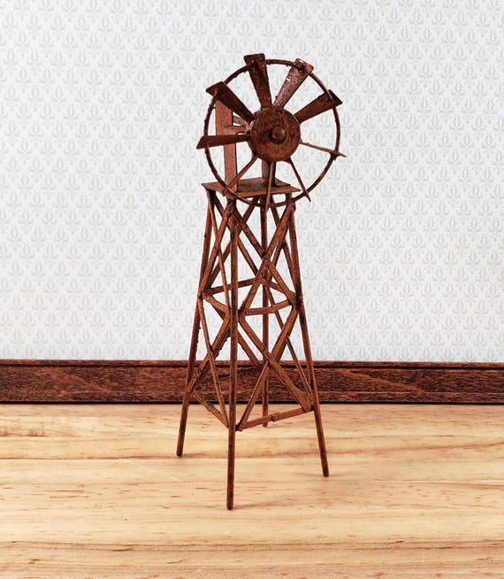 Miniature Windmill Rusted Distressed Metal Fairy Garden Model Railroad Dollhouse