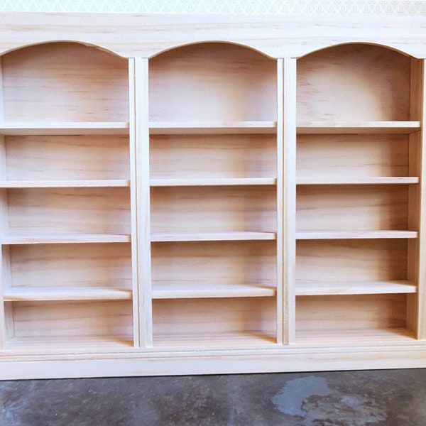 Dollhouse Library Bookcase or Shop Shelves 3 Bay 5 Shelves 1:12 Scale Unpainted