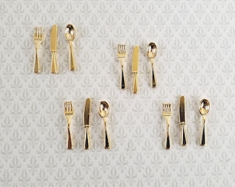 Dollhouse Miniature Gold Flatware Fork Spoon Knife 4 Place Settings 1:12 Scale