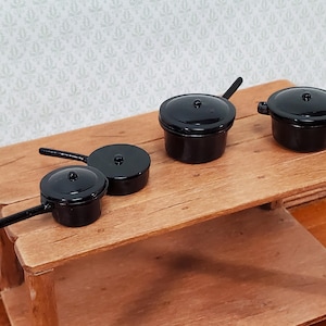 Dollhouse Pots & Pans with Lids BLACK Metal Stock Soup Saute 1:12 Scale Miniatures