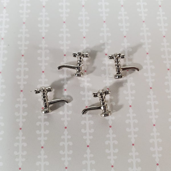 Dollhouse Faucet Taps Silver Metal x4 for Kitchen or Bathroom Sink 1:12 Scale S1209C