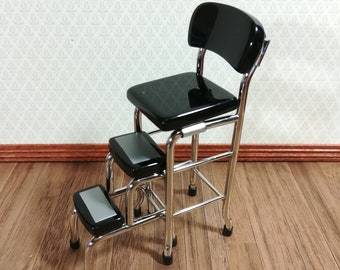 Dollhouse Retro Step Stool Tall Chair 1950s Style Black 1:12 Scale Miniature