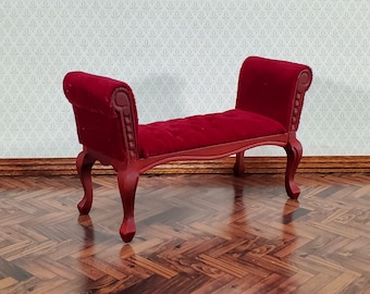 Dollhouse Settee Bench Red Padded Tufted Seat 1:12 Scale Miniature Furniture