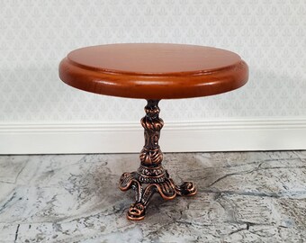 Dollhouse Accent Table with Metal Base Walnut Top Small Round 1:12 Scale Miniature