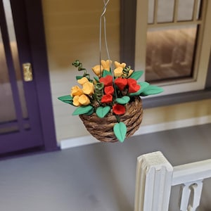 Dollhouse Flowers Hanging Basket Red and Yellow 1:12 Scale Miniature Garden
