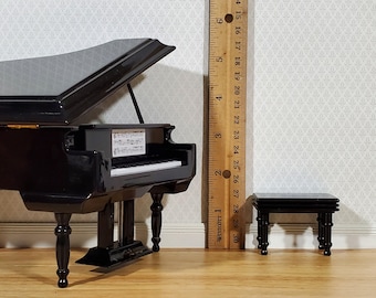 Ensemble de Piano de Maison de Poupée avec Tabouret Modèle de Piano à Grand pour Chambre de Maison de Poupée 1/12 Boîte Noire