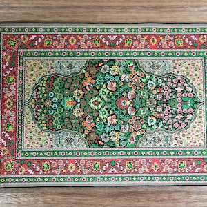 Dollhouse Miniature Rug Large Green Red Gold 9" x 6" with Fringe 1:12 Scale