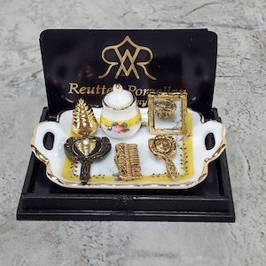 Dollhouse Vanity Set Mirror Comb Perfume Brush Reutter Porcelain 1:12 Scale Miniature