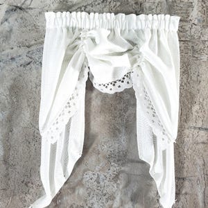 Dollhouse Miniature Curtains with Valance White with Scallop Print 1:12 Scale Handmade