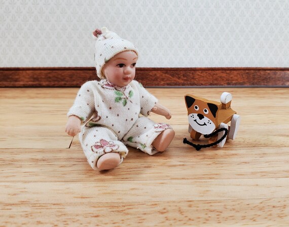 ドールハウス 犬 子犬 引っ張るおもちゃ 木製 1:12スケール ミニチュア 