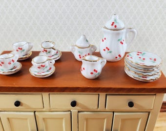 Dollhouse Coffee Set with Plates Cherries Design Ceramic 1:12 Scale Miniature