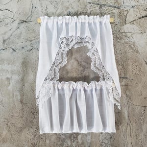 Dollhouse Kitchen Cafe Curtains White with Lace Curtain Rod 1:12 Scale Handmade