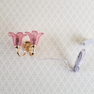 Dollhouse Miniature Sconce Double Flower Pink Shade 12 Volt w/ Plug 1:12 Scale