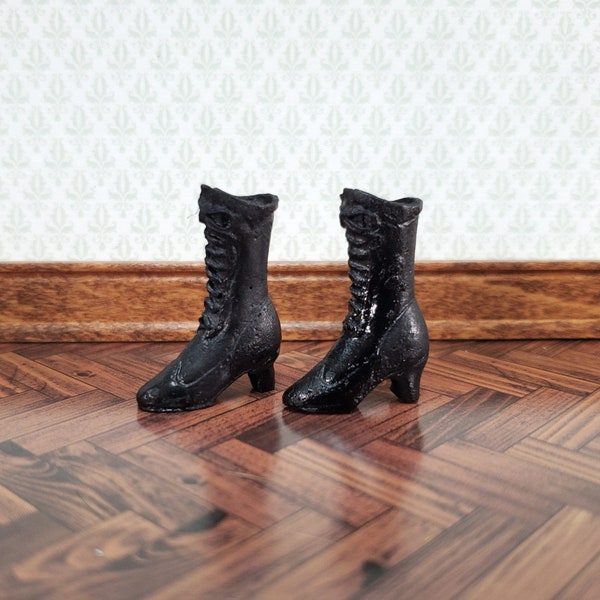 Dollhouse Victorian Boots Tall Black Lace Up Resin Miniatures 1 1/8" Tall